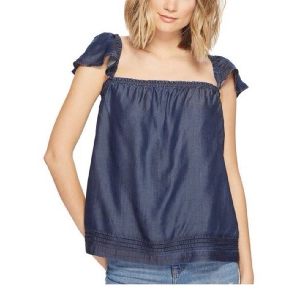 PAIGE Beatrice Chambray Blue Off-Shoulder Top Blouse